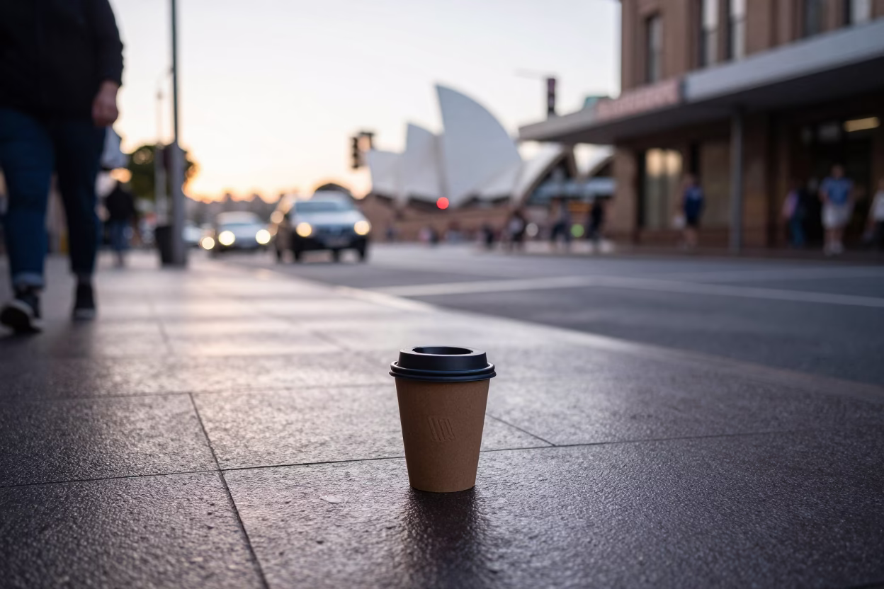 Early Morning Sydney Street Scene with Coffee Cup and Urban Architecture in in Sydney, New South Wales, Australia