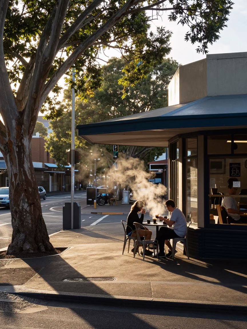 Early Morning Sydney Street Scene with Local Coffee Shop Espresso and Urban Activity in in Sydney, New South Wales, Australia