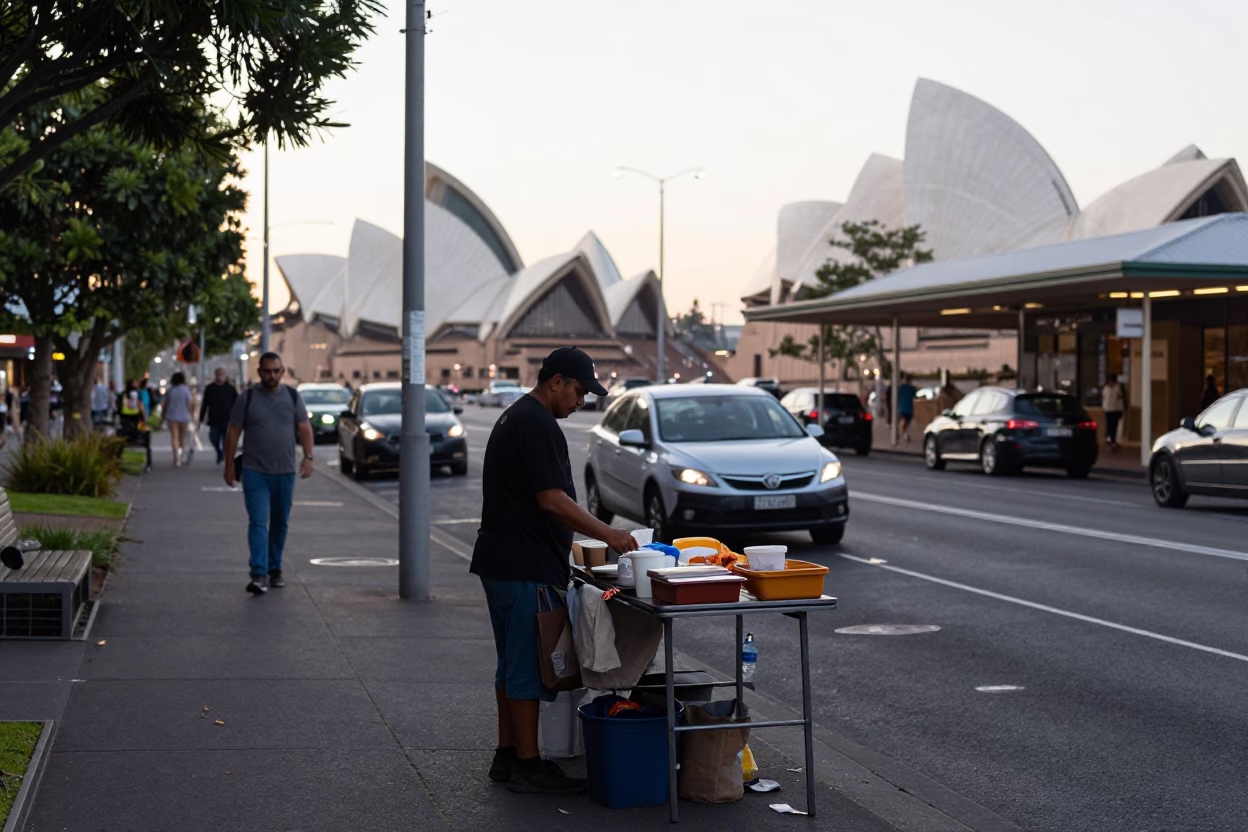 Early Morning Sydney Street Scene with Local Vendor and City Skyline in in Sydney, New South Wales, Australia