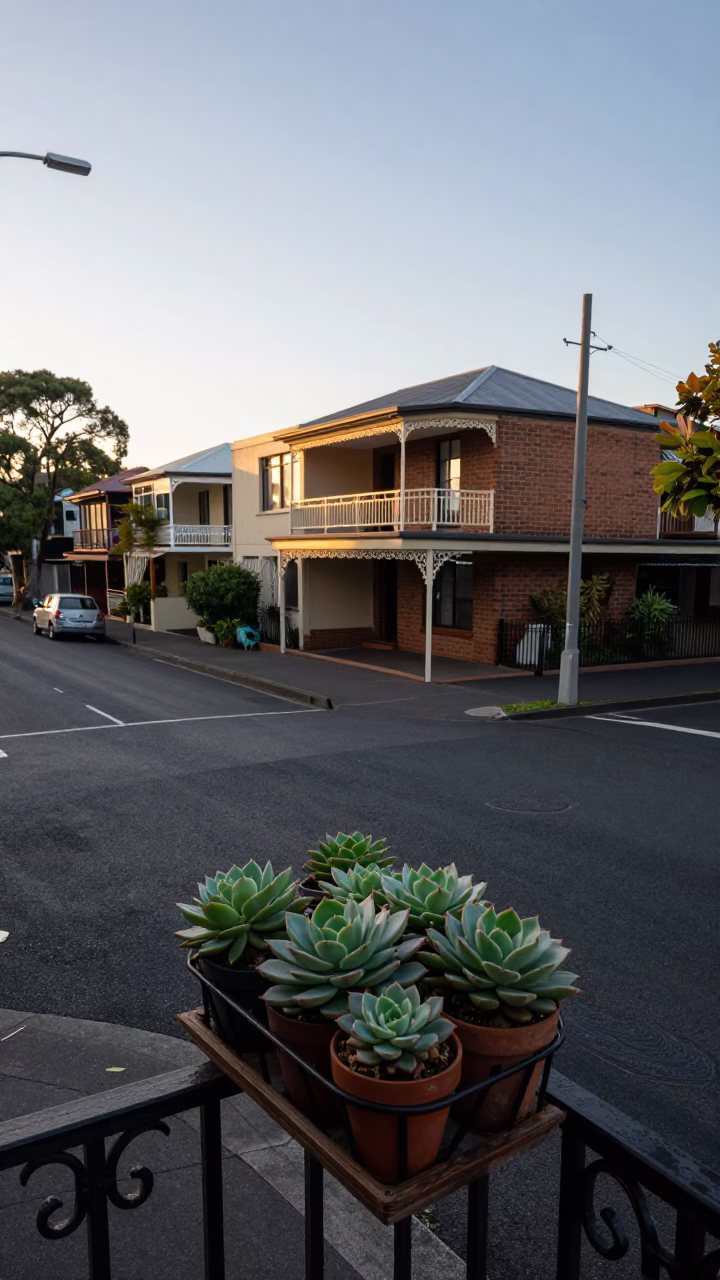 Early Morning Sydney Street Scene with Potted Succulents on Balcony in in Sydney, New South Wales, Australia