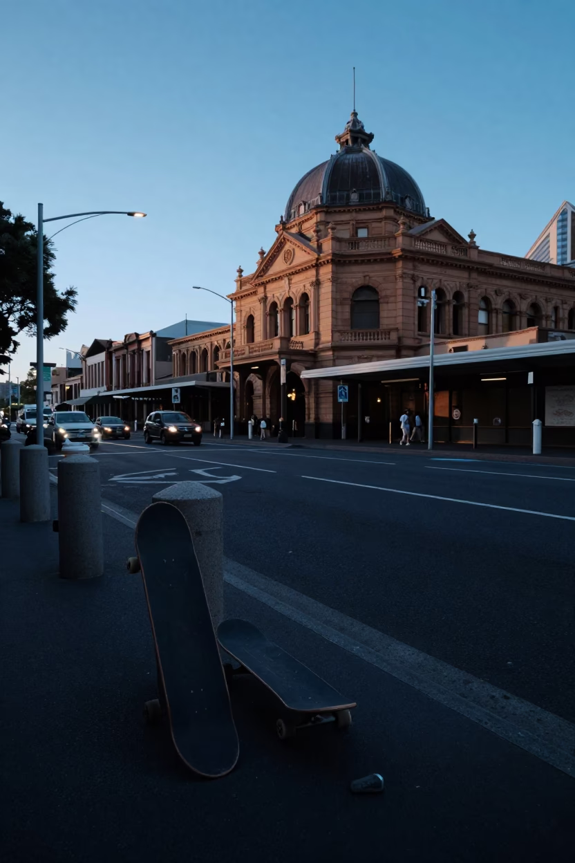 Early Morning Sydney Street Scene with Skateboard and Coffee Cart Before Sunrise in in Sydney, New South Wales, Australia