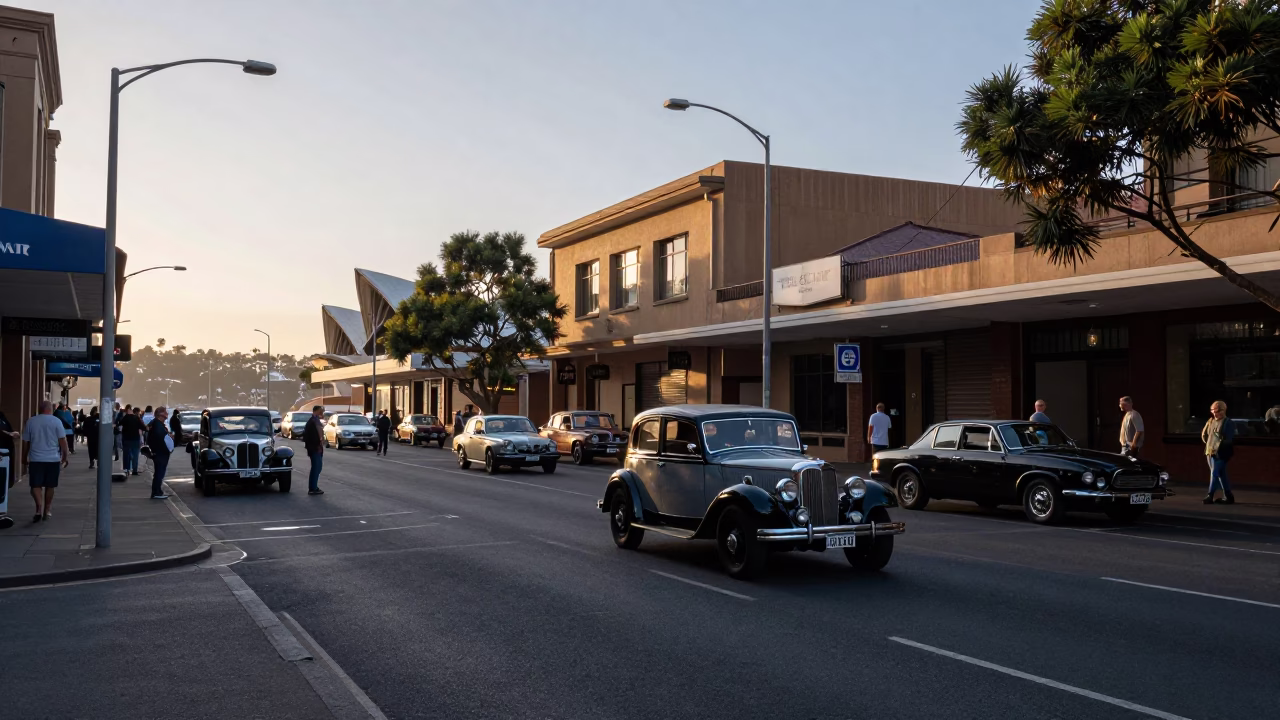 Early Morning Sydney Street Scene with Vintage Car Rally Participants and Coffee Break in in Sydney, New South Wales, Australia
