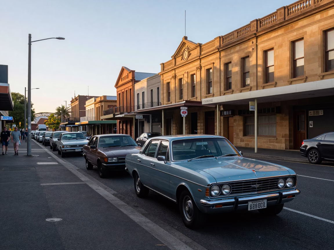 Early Morning Sydney Street Scene with Vintage Cars and Local Shopkeepers in in Sydney, New South Wales, Australia