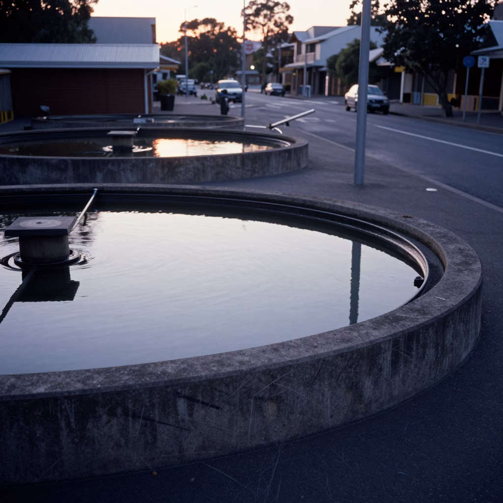 Early Morning Sydney Street Scene with Water Treatment Basin and Industrial Clouds in in Sydney, New South Wales, Australia