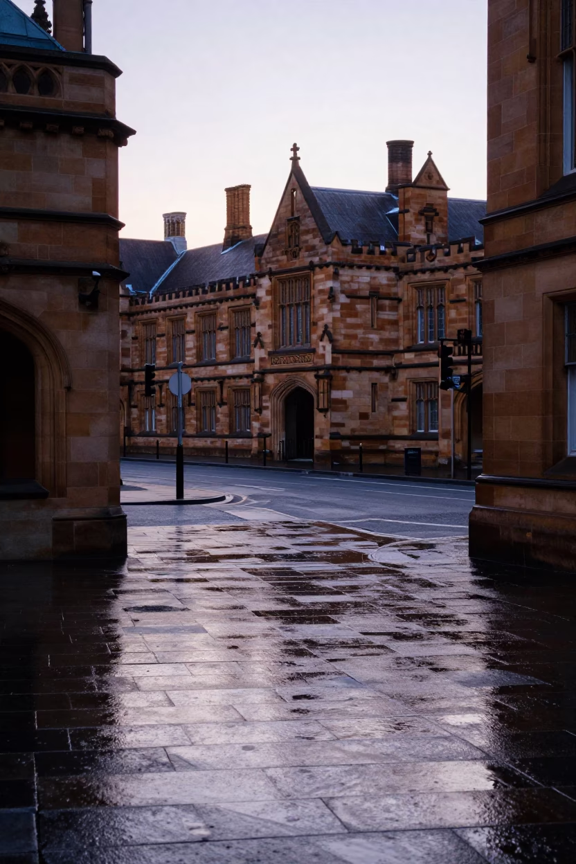 Early Morning Sydney Street Scene with Wet Flagstones and Urban Details in in Sydney, New South Wales, Australia