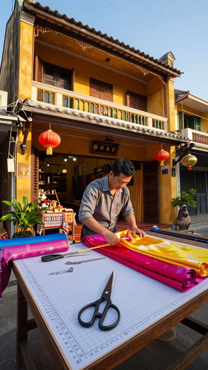 Early Morning Tailor Shop Scene in Hoi An Vietnam with Shears and Fabric in in Hoi An, Vietnam