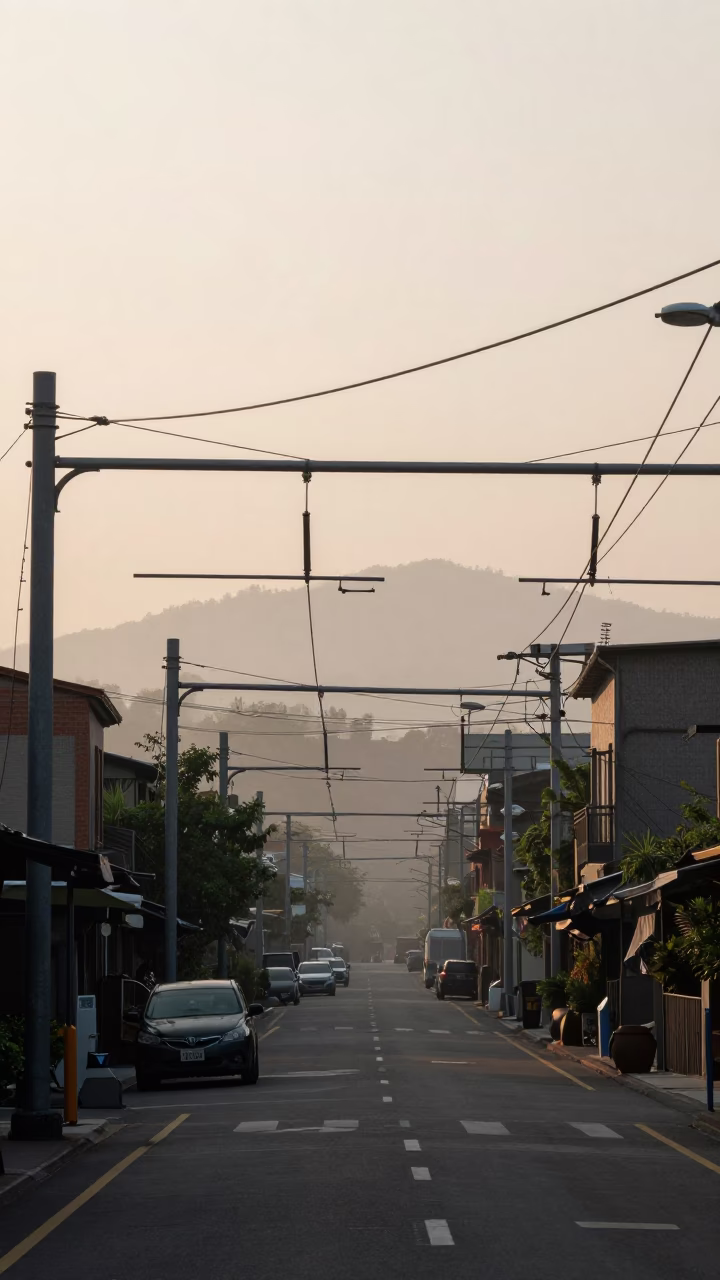 Early Morning Tainan Street Scene with Catenary Wires and Local Commerce in in Tainan, Taiwan