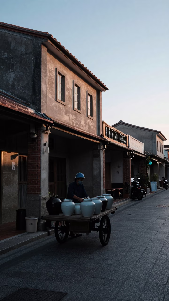 Early Morning Tainan Street Scene with Ceramic Jars and Morning Mist in in Tainan, Taiwan