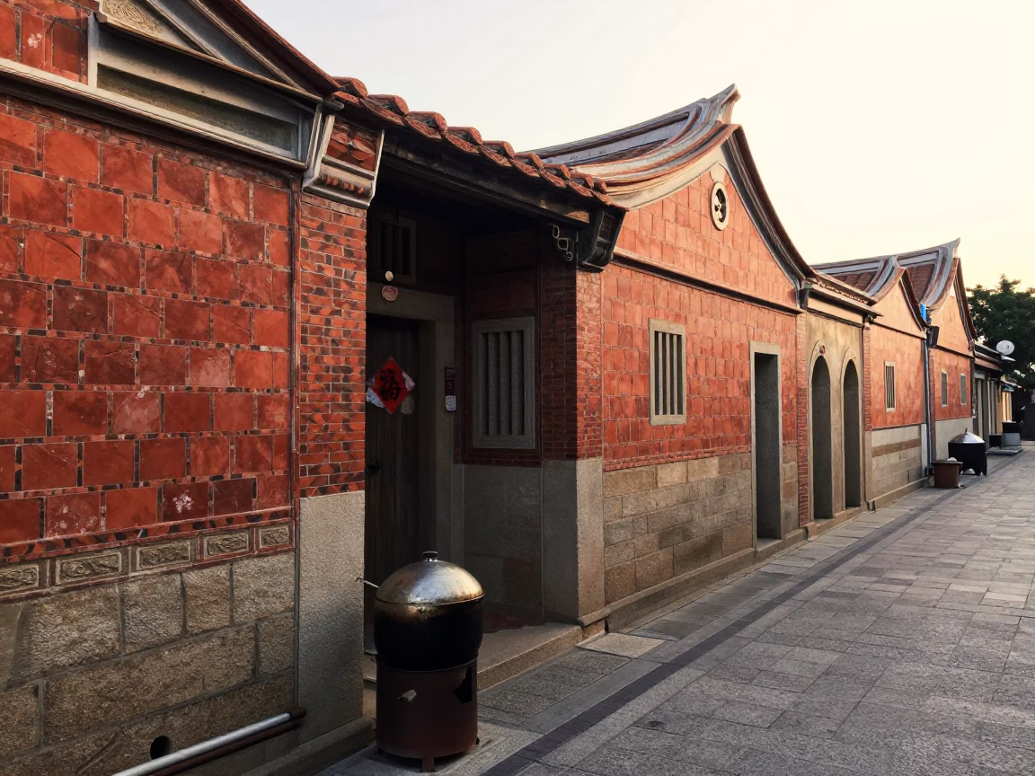 Early Morning Tainan Street Scene with Cooking Pot and Door Mats in in Tainan, Taiwan