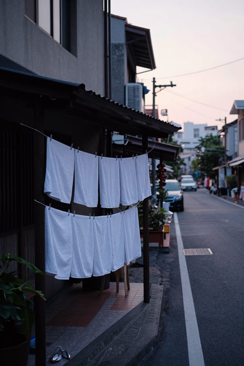 Early Morning Tainan Street Scene with Drying Towels and Local Commerce Before Sunrise in in Tainan, Taiwan