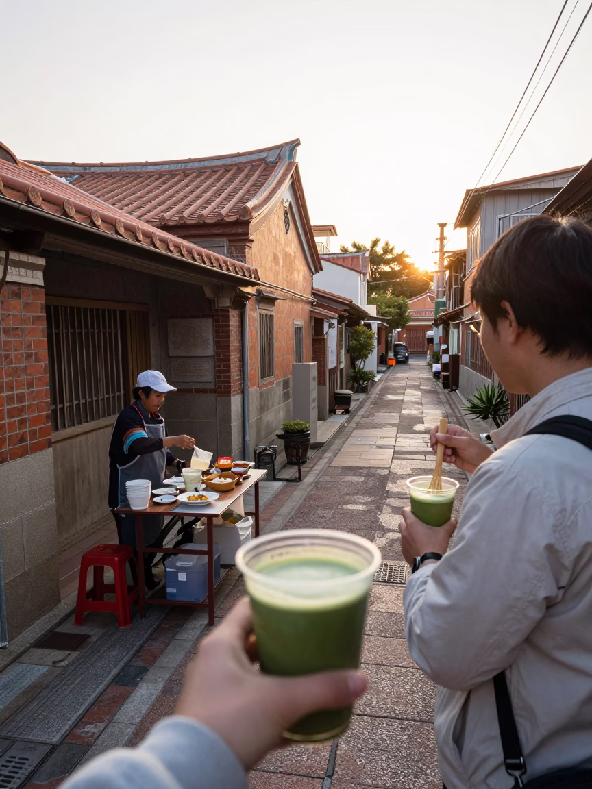 Early Morning Tainan Street Scene with Matcha Tea and Local Morning Commuters in Taiwan in in Tainan, Taiwan