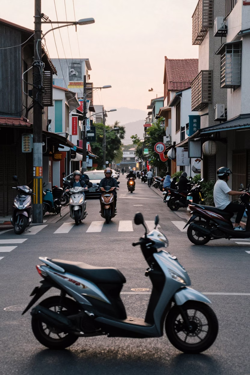Early Morning Tainan Street Scene with Scooter Traffic and Local Breakfast Shop in in Tainan, Taiwan