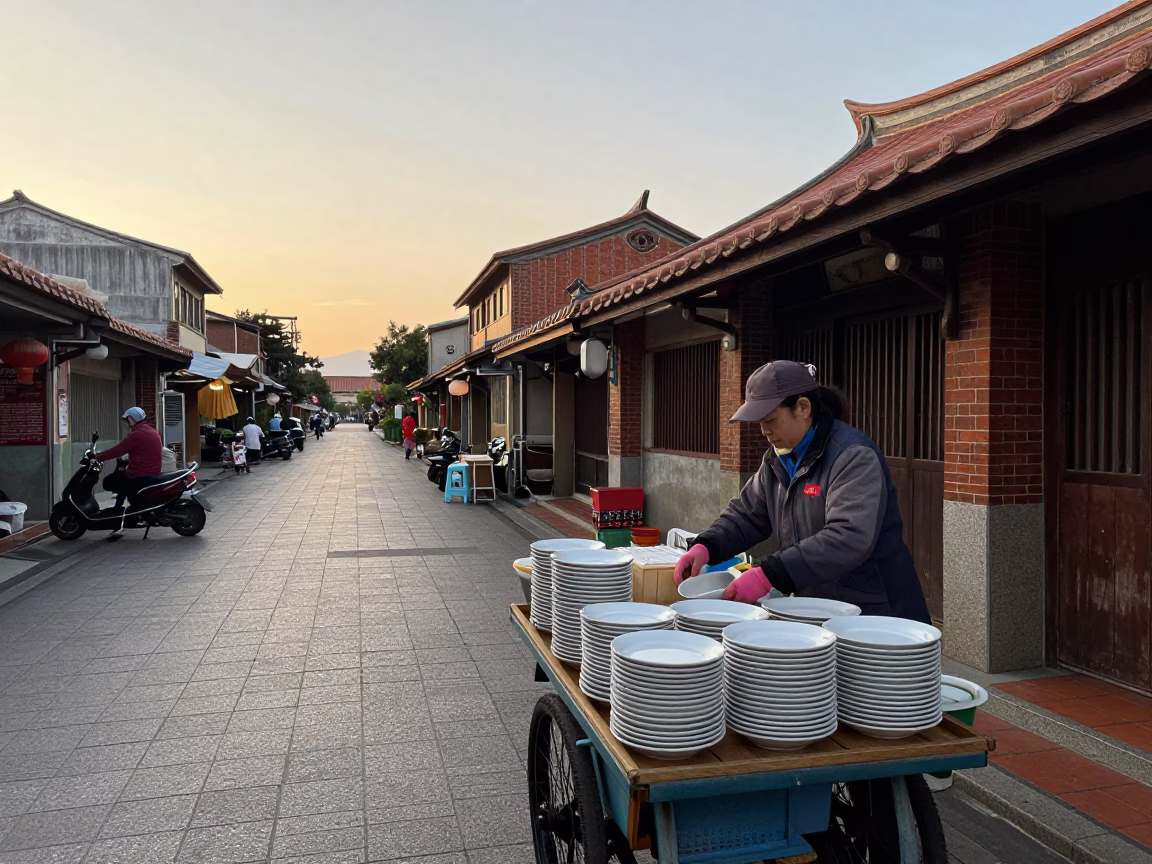 Early Morning Tainan Street Scene with Stacked Plates and Glass Pitcher in in Tainan, Taiwan
