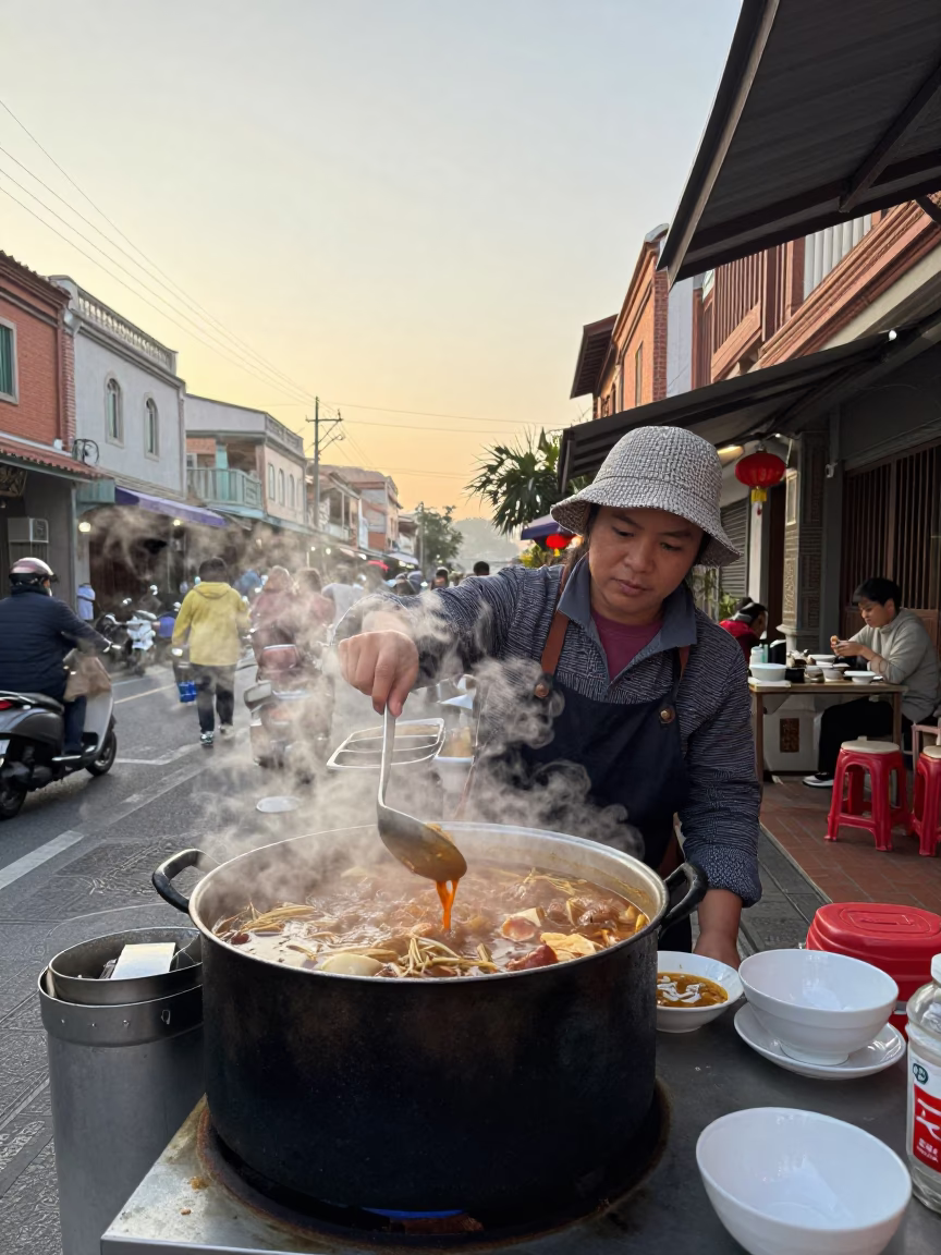 Early Morning Tainan Street Scene with Traditional Breakfast and Bonsai Display in in Tainan, Taiwan
