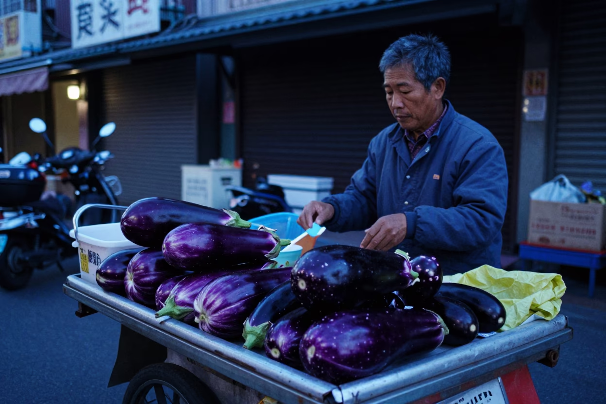 Early Morning Tainan Street Vendor Selling Fresh Eggplants Before Dawn in in Tainan, Taiwan