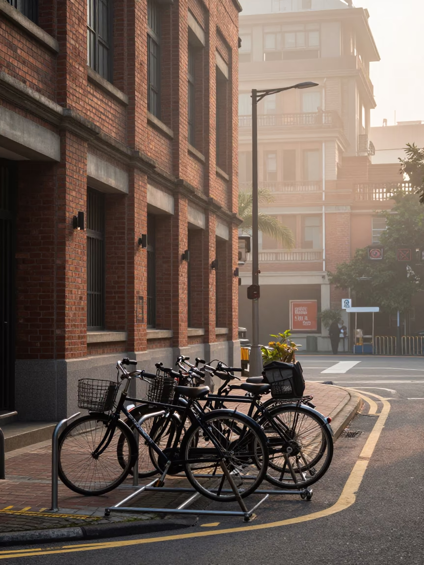 Early Morning Taipei Street Scene with Bicycle Rack and Steel Table in in Taipei, Taiwan