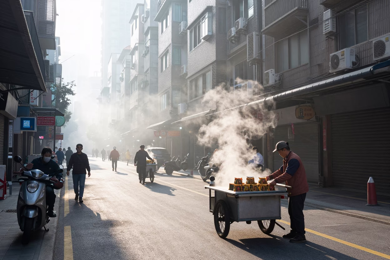 Early Morning Taipei Street Scene with Blue and White Porcelain and Steam Haze in in Taipei, Taiwan