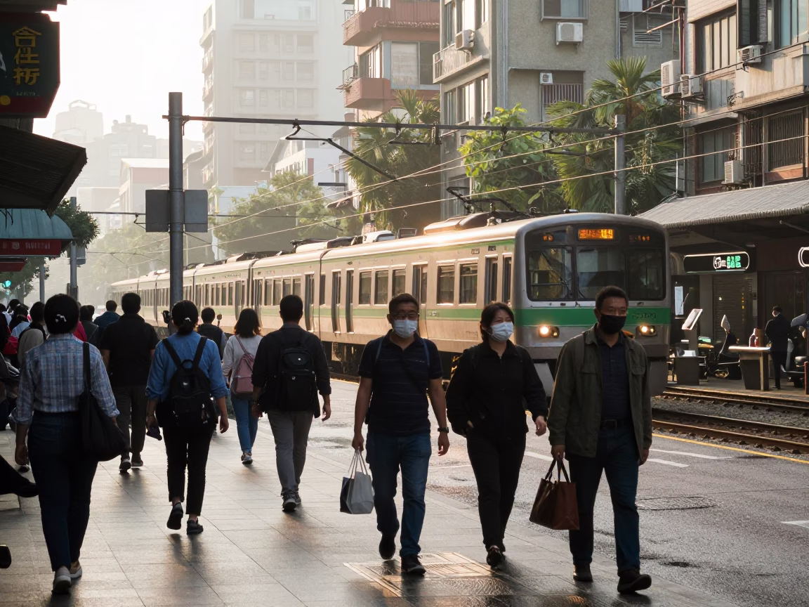 Early Morning Taipei Street Scene with Commuter Train and Local Market Activity in in Taipei, Taiwan