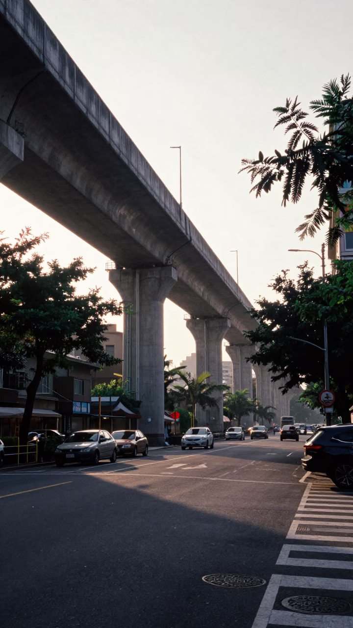 Early Morning Taipei Street Scene with Concrete Viaduct and Metal Stools in in Taipei, Taiwan