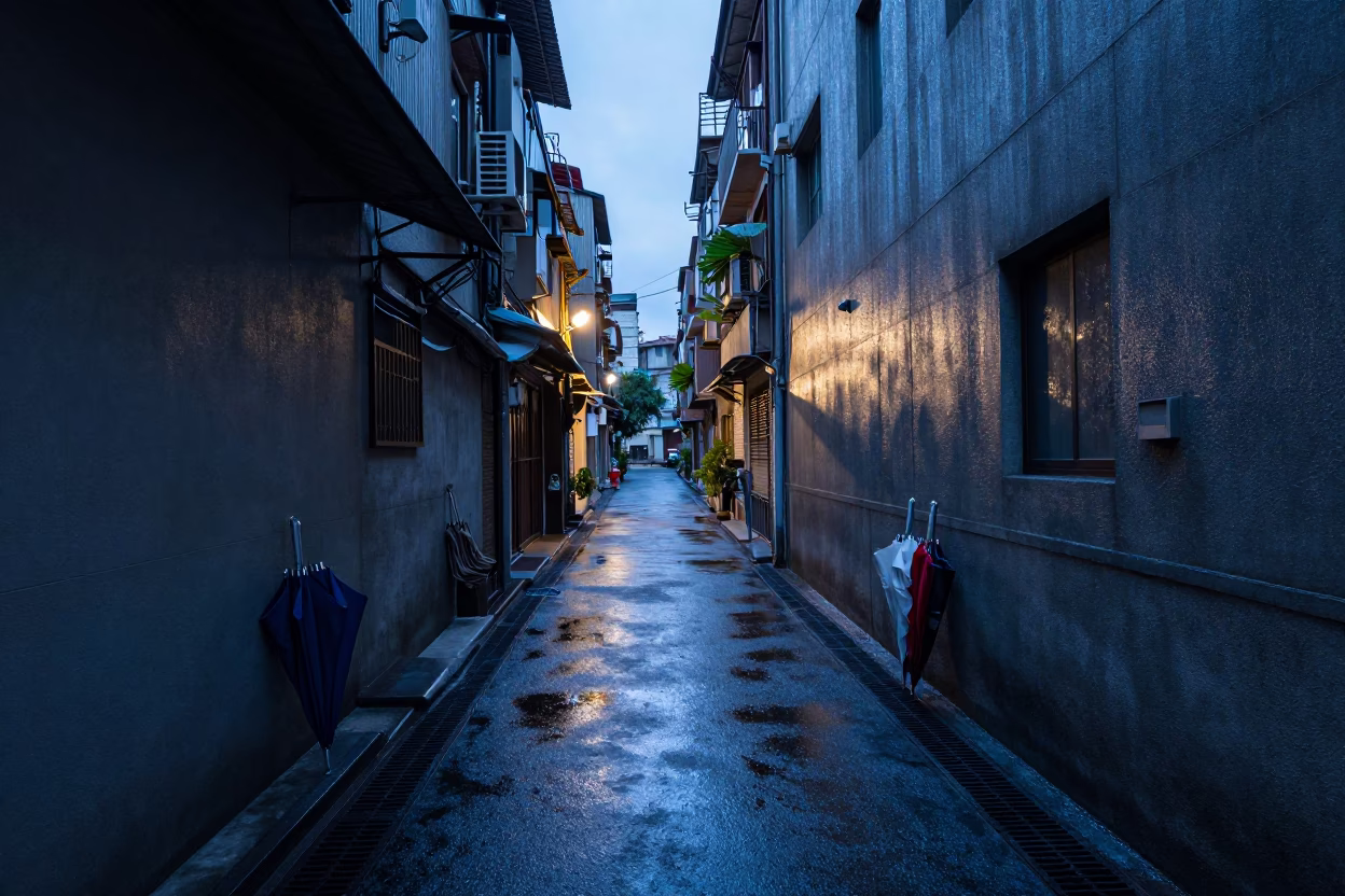 Early Morning Taipei Street Scene with Damp Alleyway and Wet Puddles Before Dawn in in Taipei, Taiwan