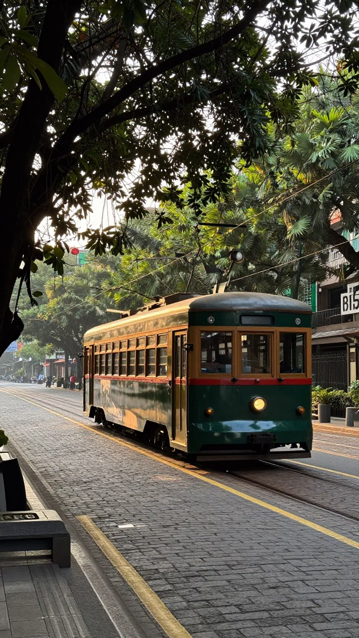 Early Morning Taipei Street Scene with Heritage Tram and Vine-Covered Alleyway in in Taipei, Taiwan