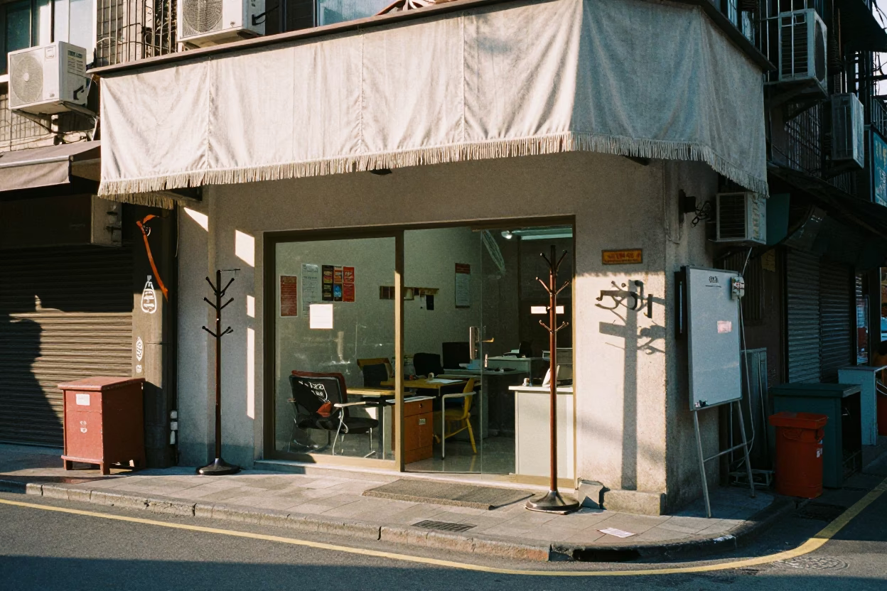Early Morning Taipei Street Scene with Linen Fringe and Whiteboard in 1980s Taiwan in in Taipei, Taiwan