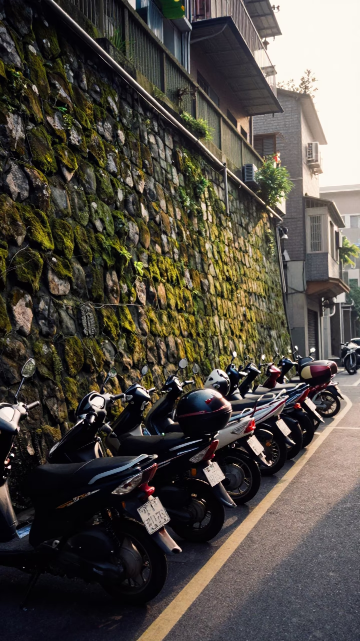 Early Morning Taipei Street Scene with Mossy Stone Walls and Parked Motorcycles in in Taipei, Taiwan