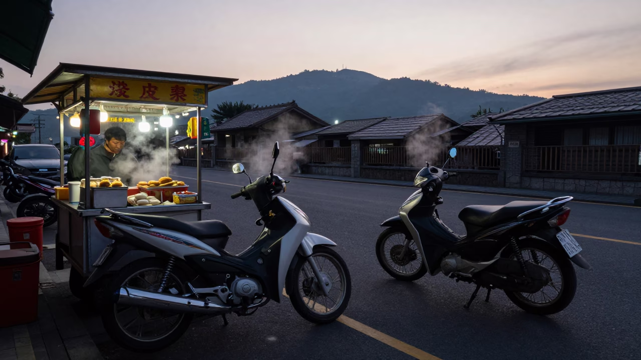 Early Morning Taipei Street Scene with Motorcycle Outside Mountain Teahouse and Local Market Activity in in Taipei, Taiwan