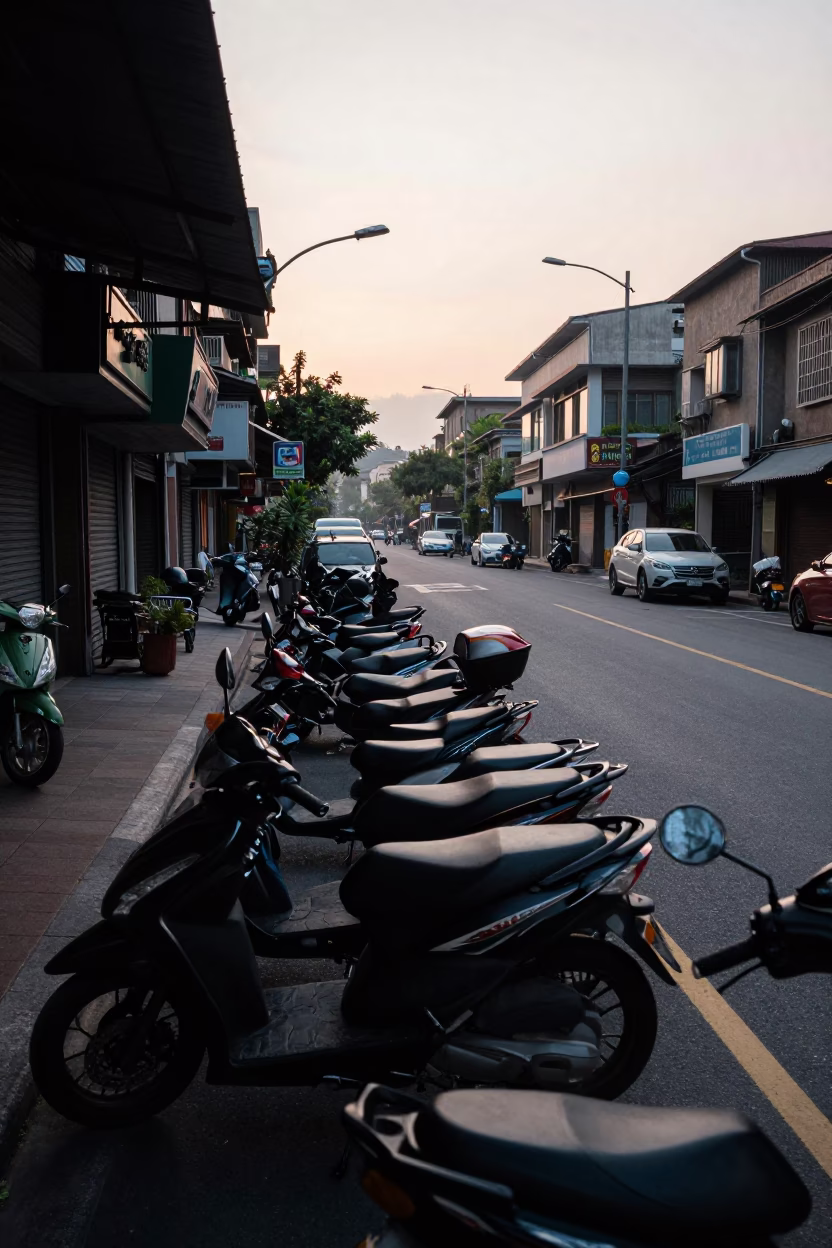 Early Morning Taipei Street Scene with Motorcycles and Local Commerce in in Taipei, Taiwan