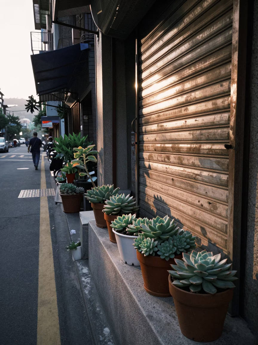Early Morning Taipei Street Scene with Potted Succulents and Water Tower Rooftops in in Taipei, Taiwan