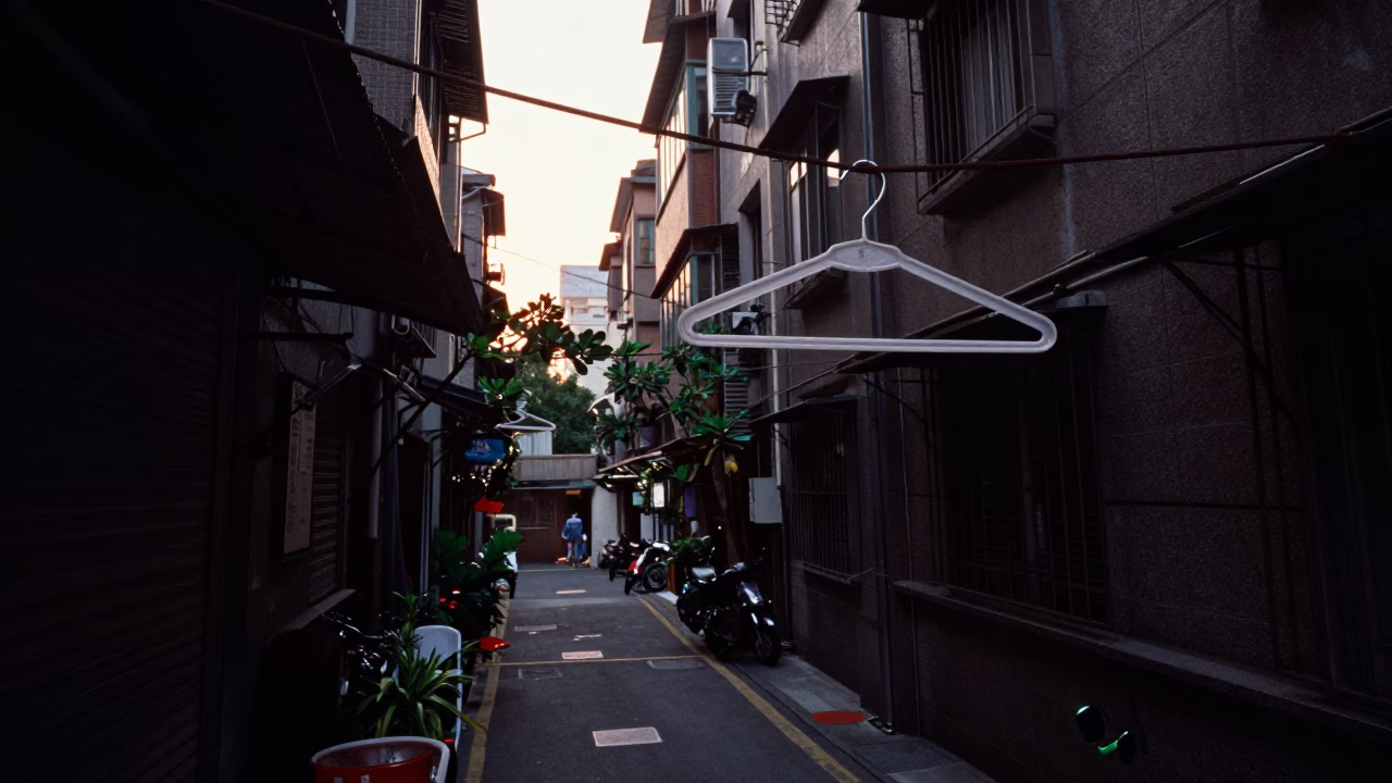Early Morning Taipei Street Scene with Shirt Hanger and Iron Deadbolt in in Taipei, Taiwan