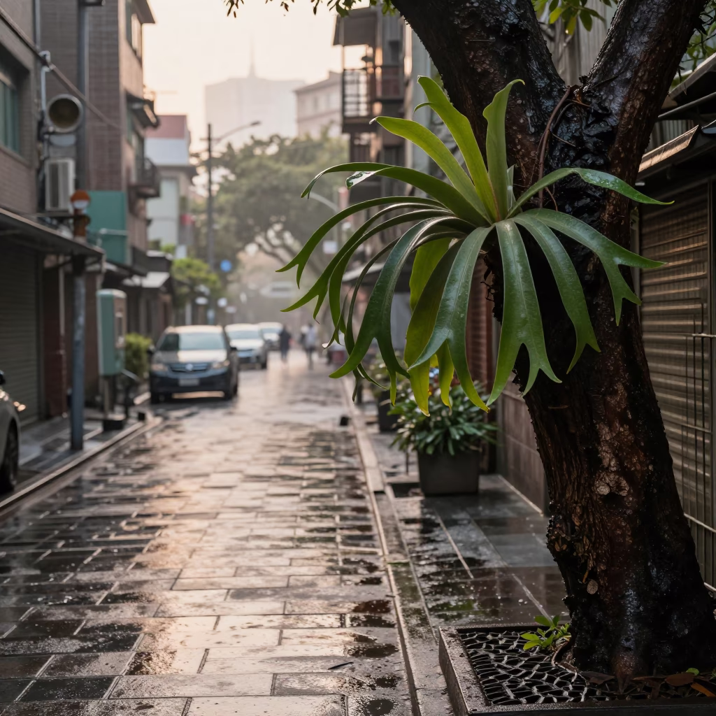 Early Morning Taipei Street Scene with Staghorn Fern and Urban Architecture in in Taipei, Taiwan