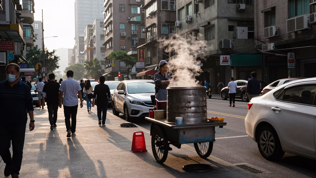 Early Morning Taipei Street Scene with Steamboat Vendor and Local Commuters in in Taipei, Taiwan