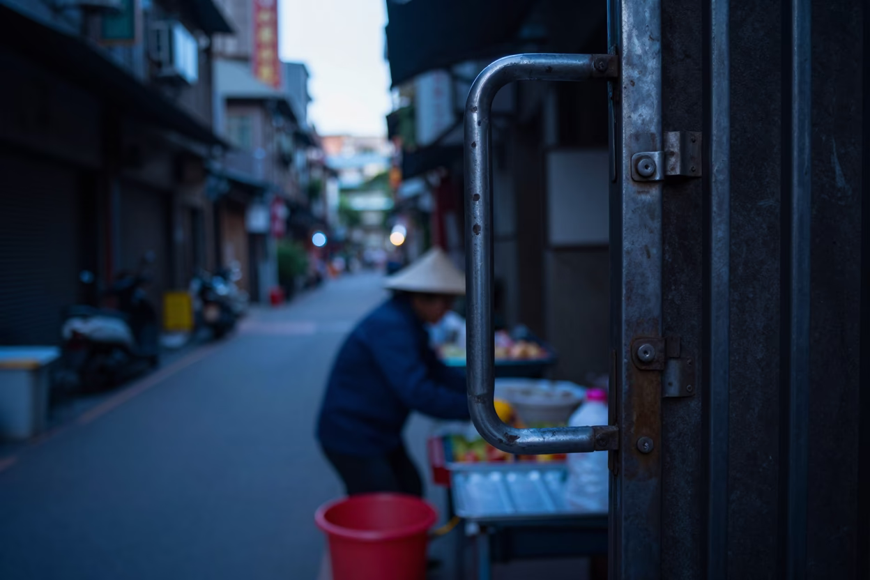 Early Morning Taipei Street Scene with Vendor Gate Handle and Sketchbook in in Taipei, Taiwan