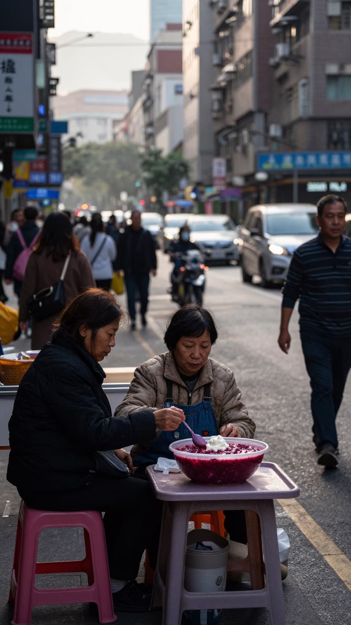 Early Morning Taipei Street Scene with Vendors and Commuters in Taiwan in in Taipei, Taiwan