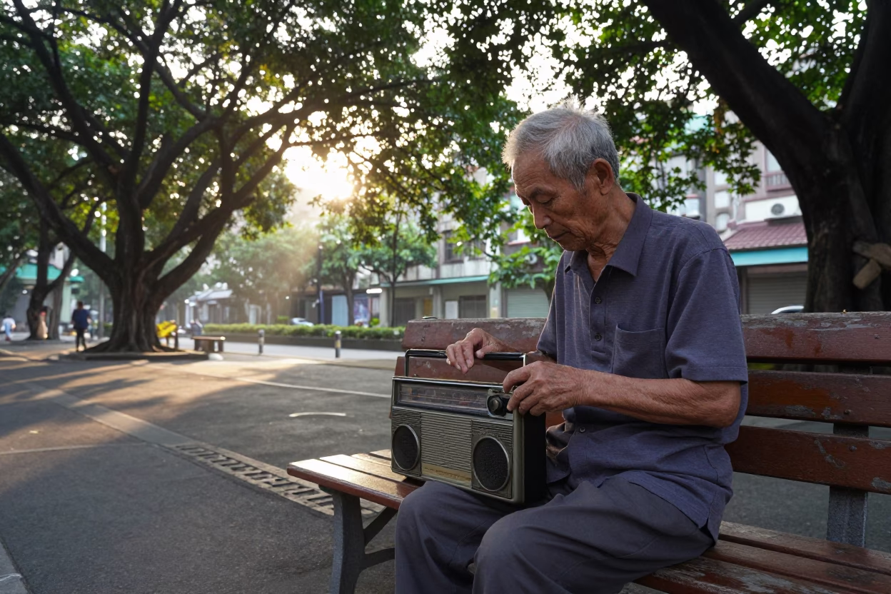 Early Morning Taipei Street Scene with Vintage Radio and Wooden Dhow Model in in Taipei, Taiwan