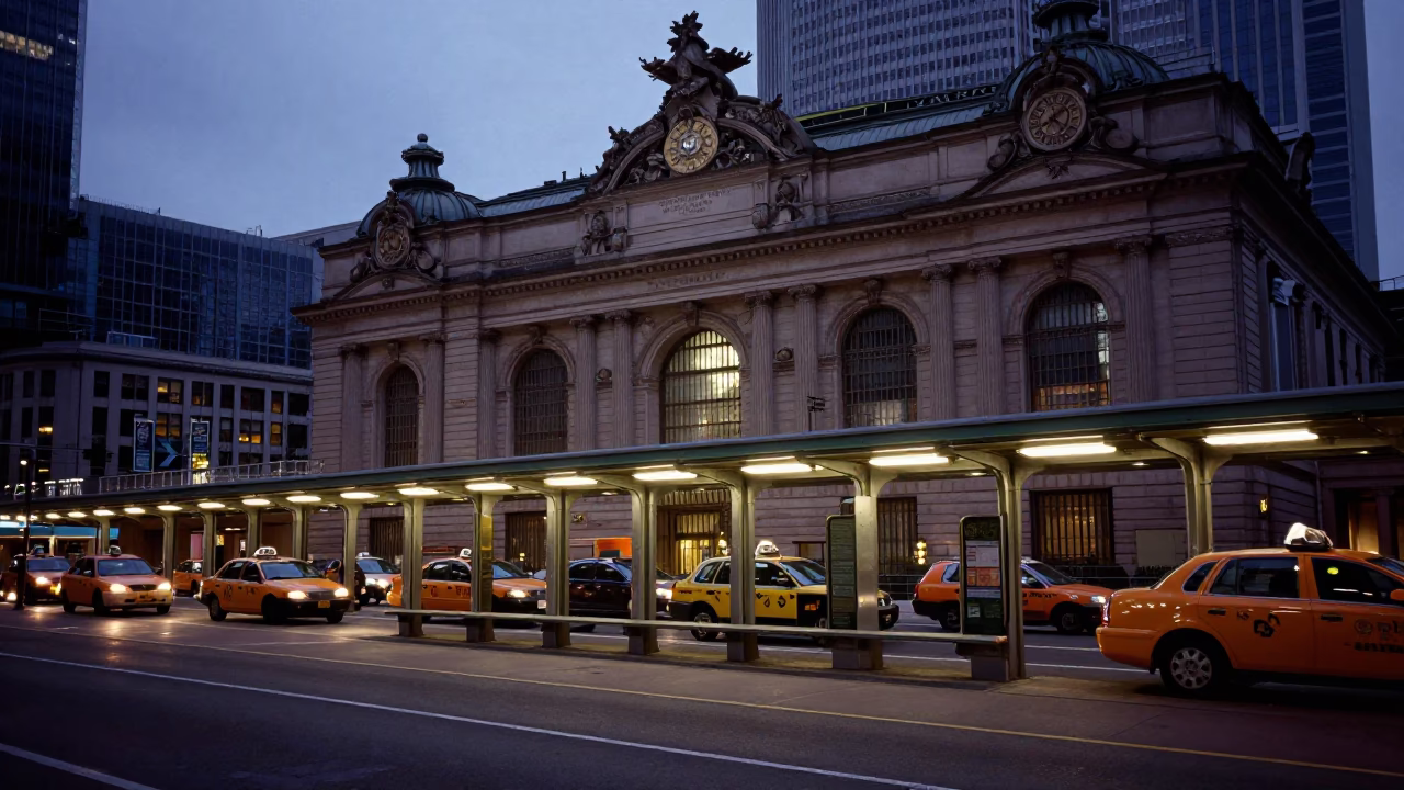 Early Morning Taxi Rank Outside Boston South Station with Steam Haze Before Dawn in in Boston, Massachusetts, United States