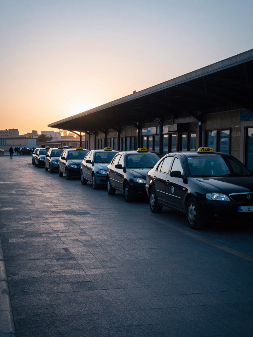 Early Morning Taxi Rank Outside Casablanca Train Station Before Sunrise in in Casablanca, Morocco