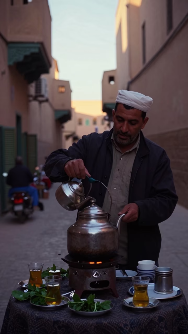 Early Morning Tea Service and Traditional Kettle in Fez Morocco Medina in in Fez, Morocco