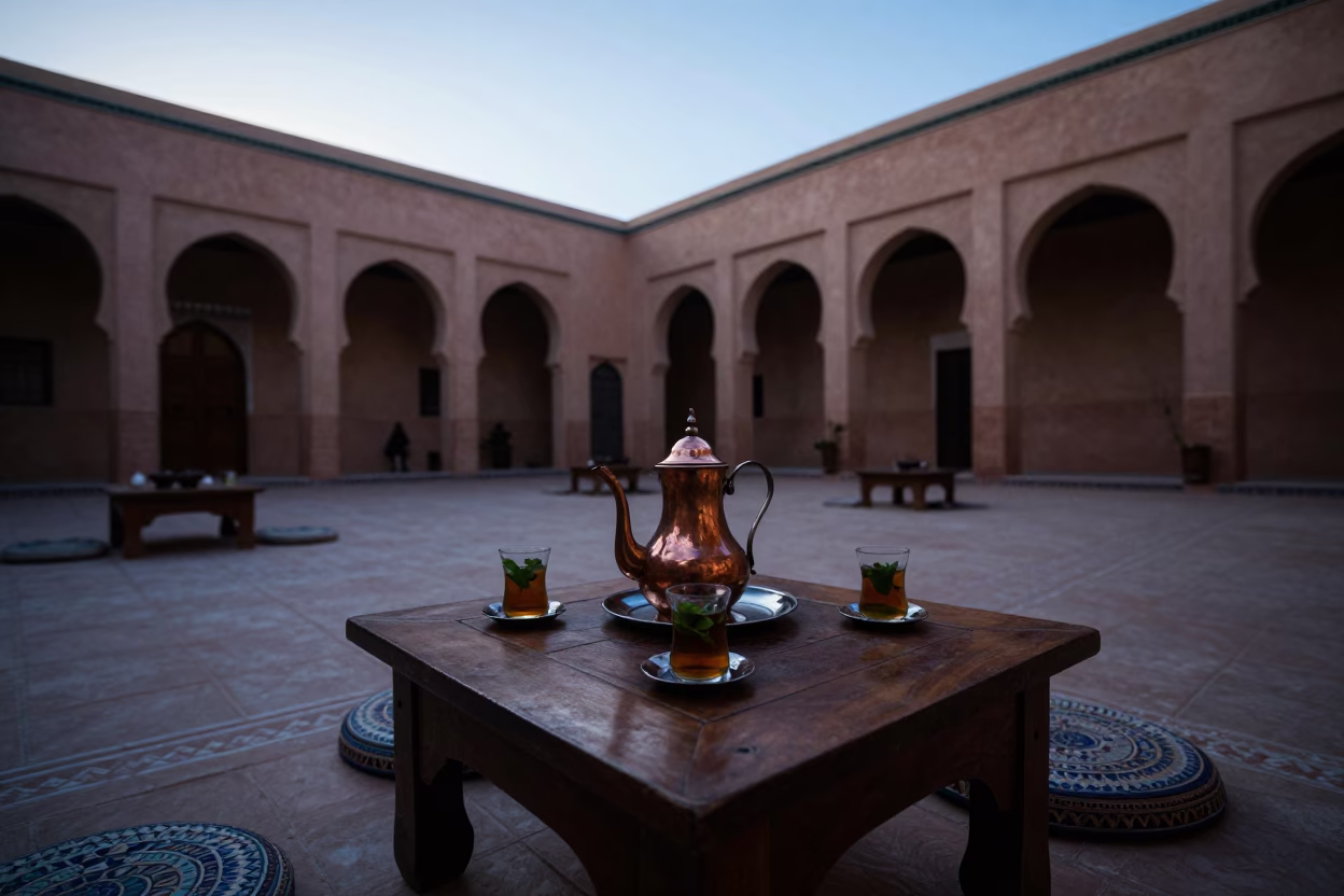 Early Morning Tea Service in a Marrakech Riad Courtyard Before Sunrise in in Marrakech, Morocco
