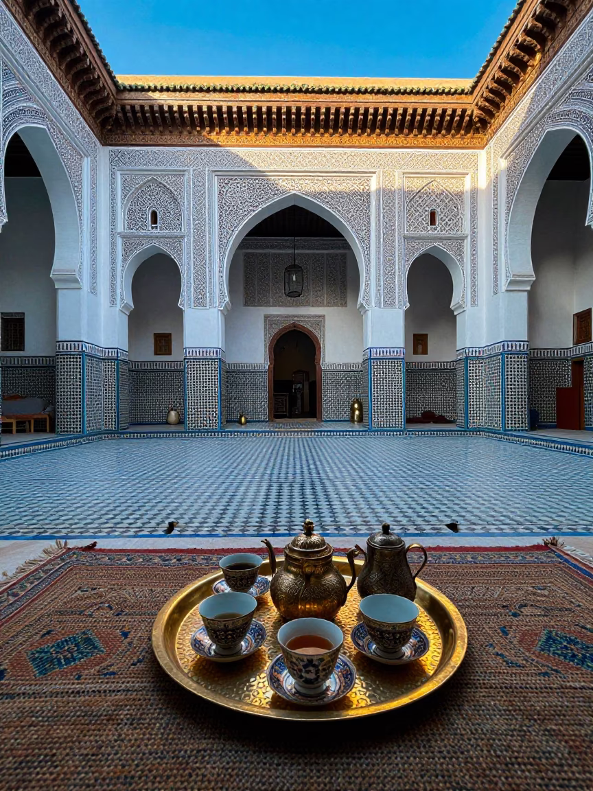 Early Morning Tea Service in a Traditional Marrakech Riad Courtyard Before Sunrise in in Marrakech, Morocco