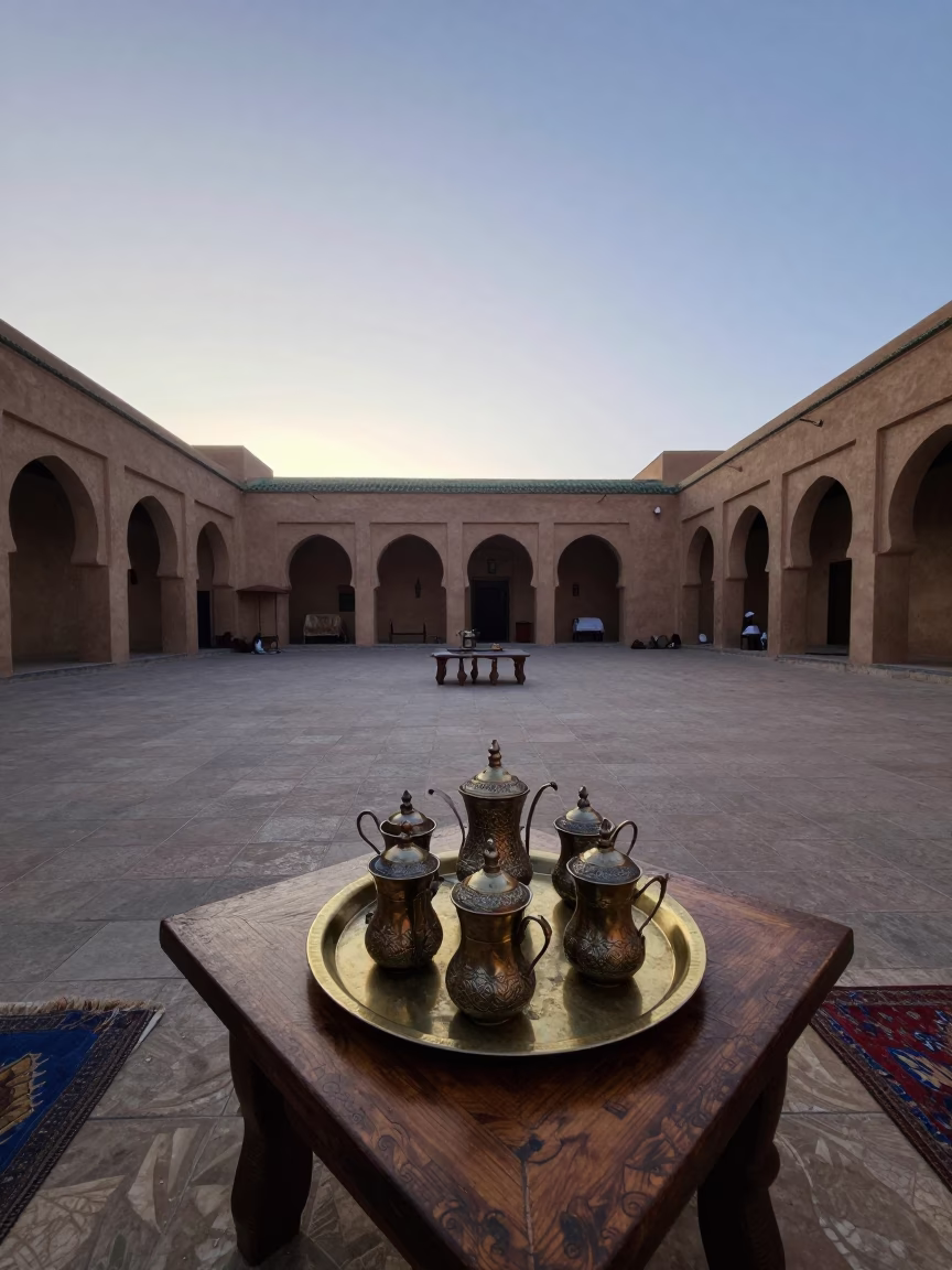 Early Morning Tea Service in Fez Medina Courtyard Before Sunrise in in Fez, Morocco
