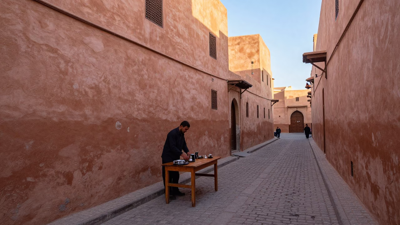 Early Morning Tea Service in Fez Medina Narrow Alley with Ceramic Tray in in Fez, Morocco