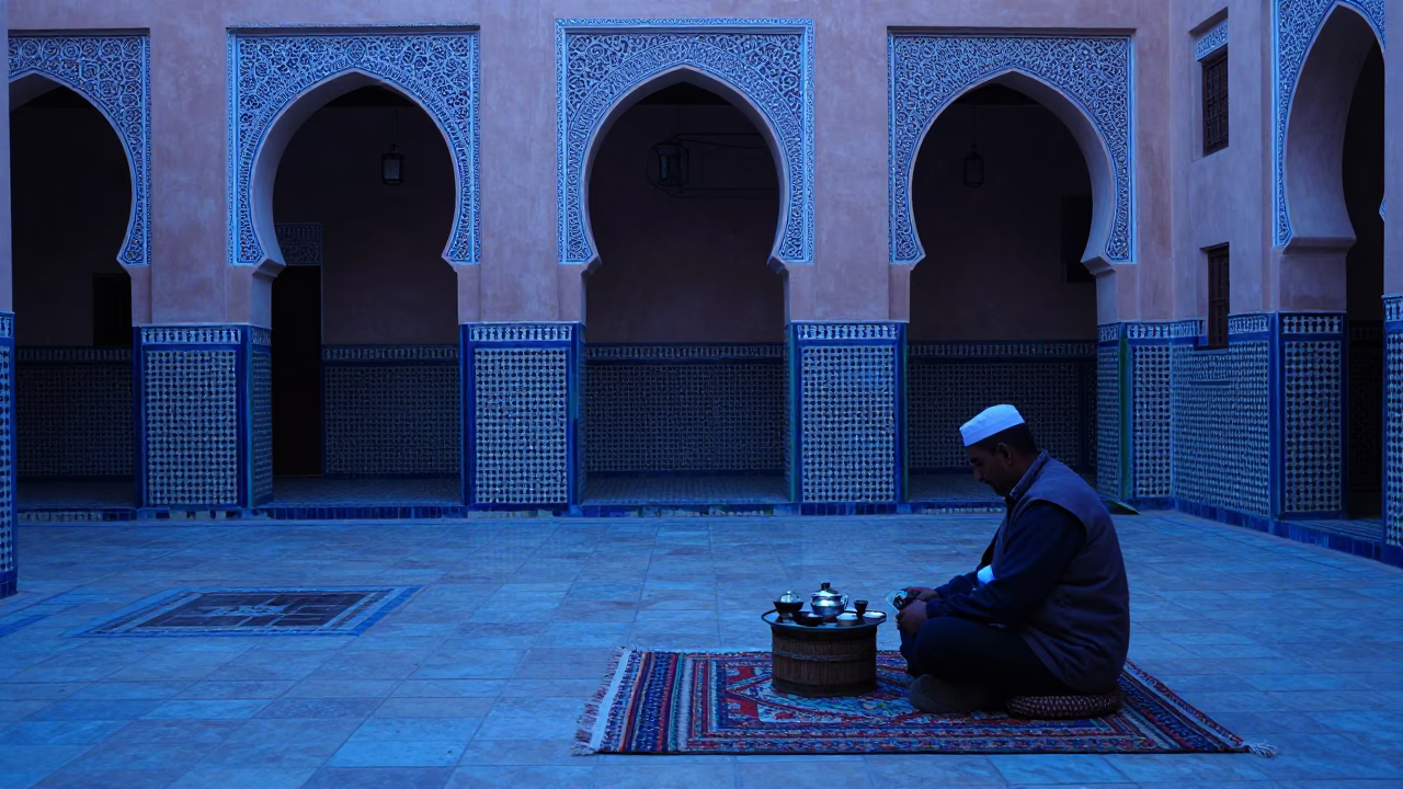 Early Morning Tea Service in Marrakech Medina Courtyard Before Sunrise Light in in Marrakech, Morocco