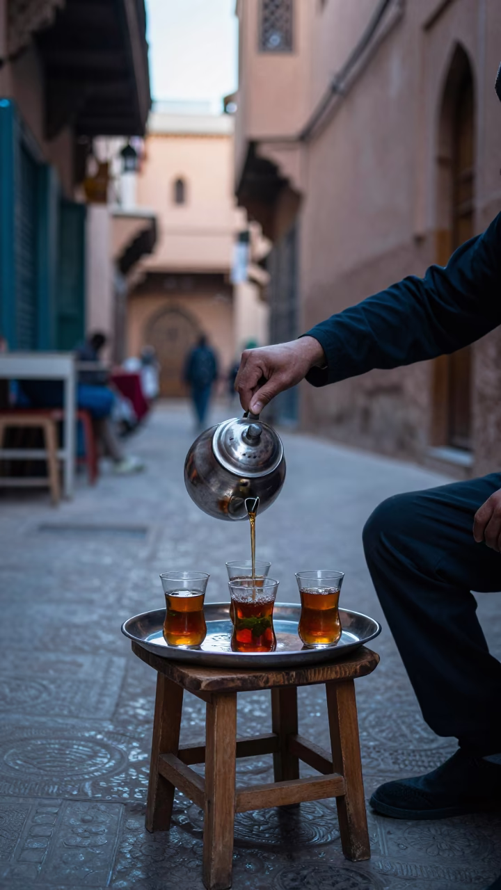 Early Morning Tea Service in Marrakech Medina Street in in Marrakech, Morocco