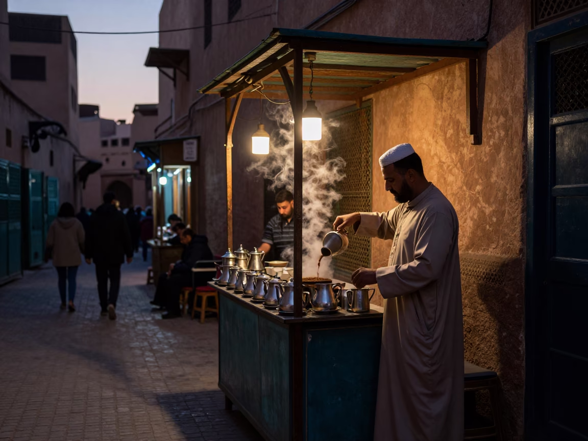 Early Morning Tea Stall in Fez Medina Before Dawn with Local Customer in in Fez, Morocco