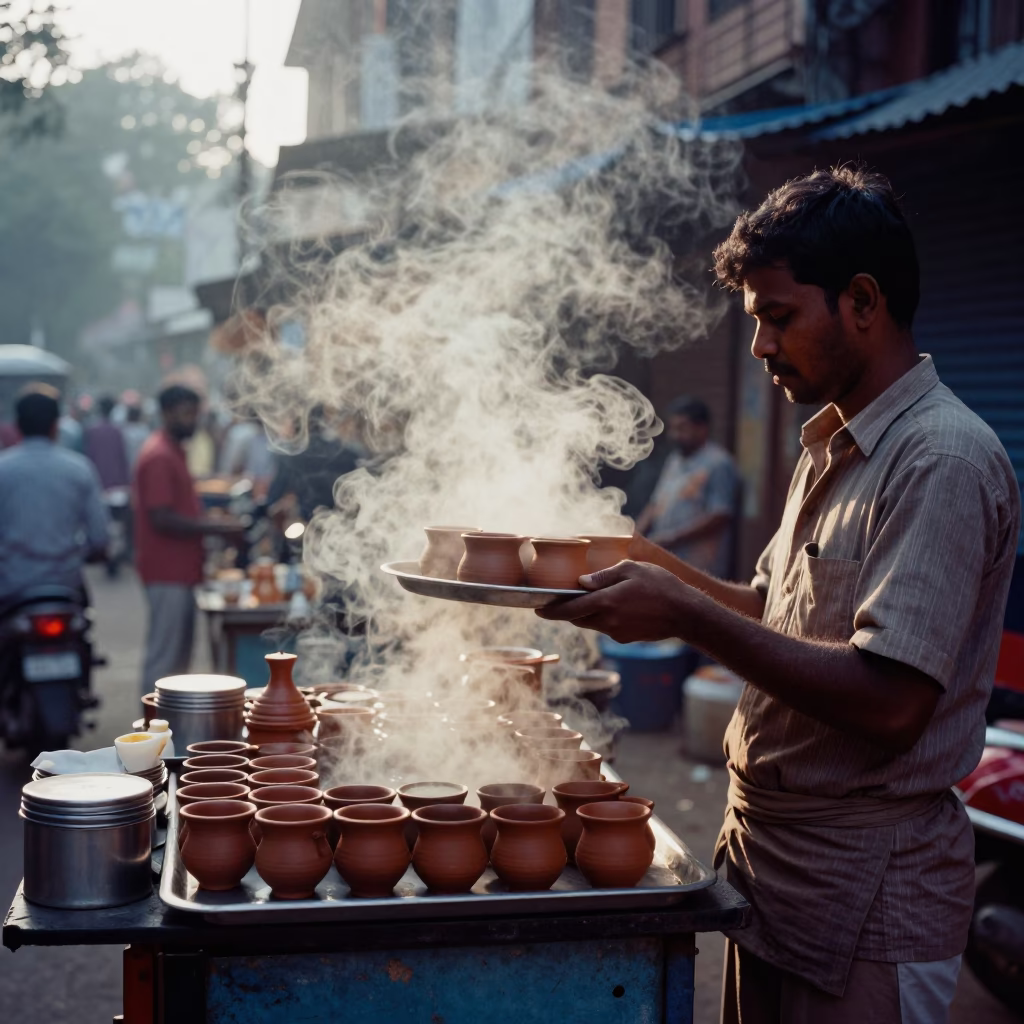 Early Morning Tea Stall Scene in Chennai India with Steam and Street Life in in Chennai, India