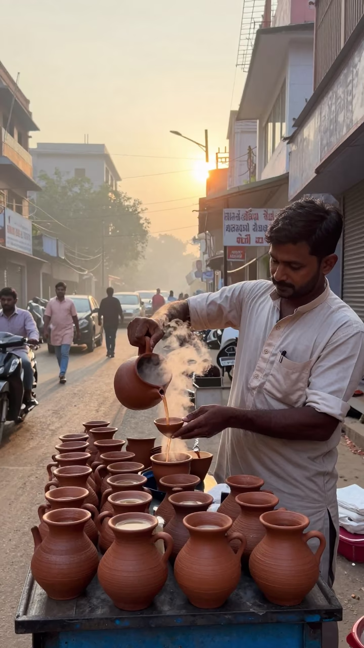 Early Morning Tea Stall Scene in Hyderabad India with Traditional Clay Cups in in Hyderabad, India