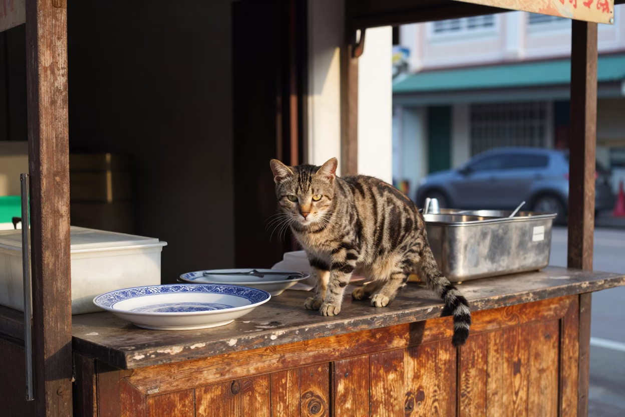 Early Morning Tea Stall Scene with Tabby Cat in George Town Malaysia in in George Town, Malaysia