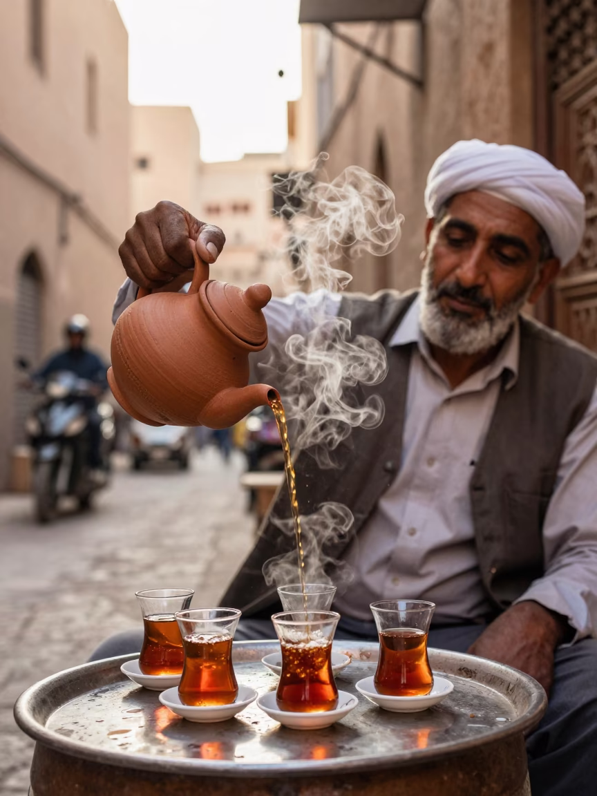 Early Morning Tea Vendor in Fez Morocco Clay Teapot and Tea Stains in in Fez, Morocco